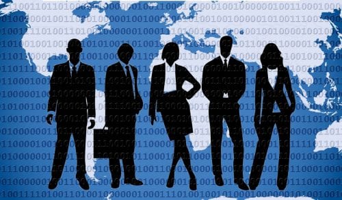 Illustrated image of professionals in suits overlaying a world map with binary code patterns.