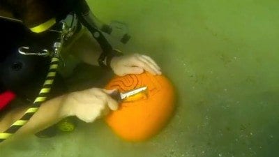 Professor Joey Maier carves the Polk State shield into a pumpkin while scuba-diving off the coast of West Palm Beach.