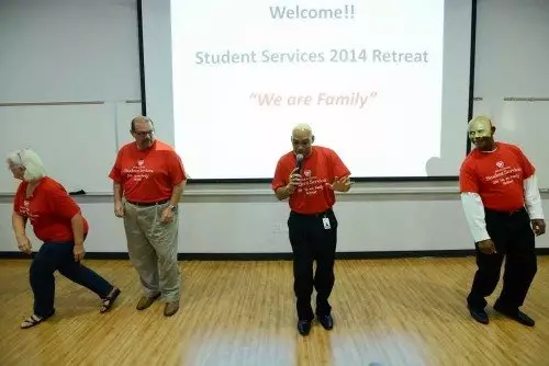 From left, Director of Enrollment Services and Registrar Kathy Bucklew, Winter Haven Dean of Student Services Saul Reyes, Vice President for Student Services Reggie Webb and Winter Haven Associate Dean of Student Services Sylvester Little perform the "Eagle Shuffle."