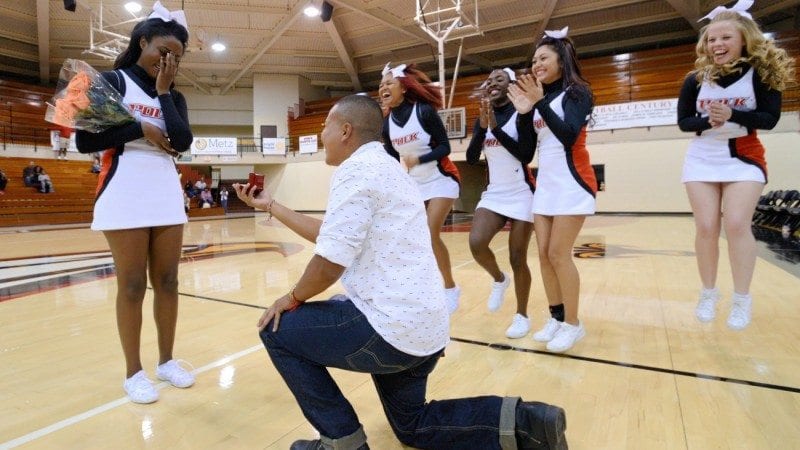 During a recent Polk State basketball game, Esteban Jimenez proposed to Polk State cheerleader Ahmeya Woods. She said yes.