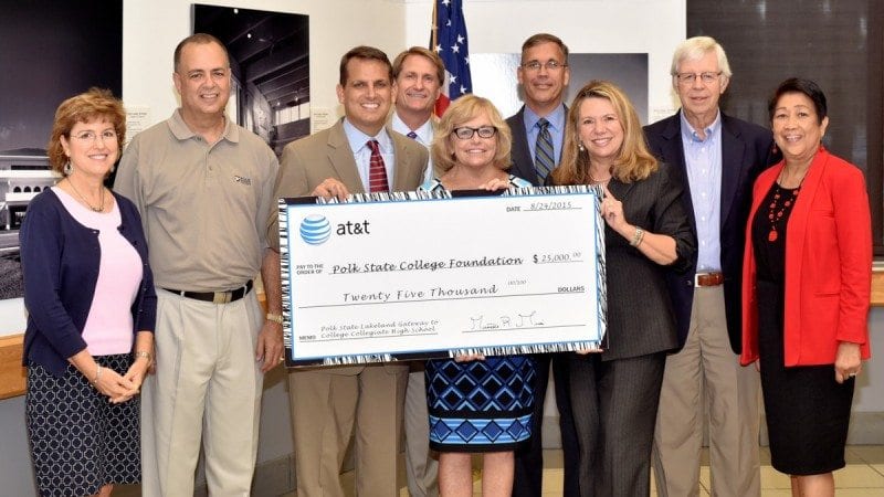 AT&T presented the Polk State College Foundation with a $25,000 gift to support Polk State Lakeland Gateway to College Collegiate High School during Monday's District Board of Trustees meeting. From left, Polk State College Foundation Treasurer Bonnie Parker, Polk State Trustee Ricardo Garcia, AT&T Regional Director Matt Mucci, Trustee Mark Turner, Polk State President Eileen Holden, Trustees Greg Littleton, Teresa Martinez, Dan Dorrell and Linda Pilkington.