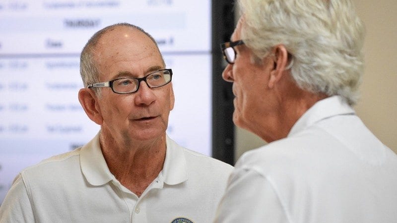 Rep. John Wood speaks with Rob Clancey, director of the Polk State Corporate College, during Wednesday's tour of the Polk State Clear Springs Advanced Technology Center.