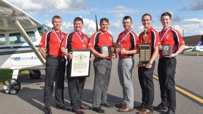 Polk State's Flight Team, Talon 6, brought home numerous awards from the National Intercollegiate Flying Association Region 9 SAFECON competition. From left, Michael Brandt, Matthew Pickett, Trae LeFan, Aaron Poidevin, Justin Wayman, and Dillon Kraushaar.