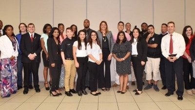 Florida College System Chancellor Madeline Pumariega, center, fielded questions from students during her visit to the Winter Haven campus Thursday.