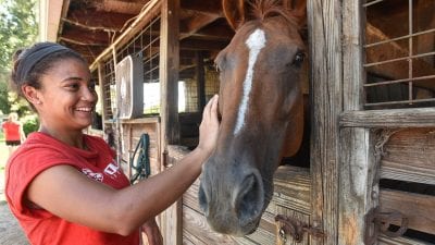 Polk State soccer player Dyaniz Serrano and her teammates are volunteering for Grune Heidi Farm