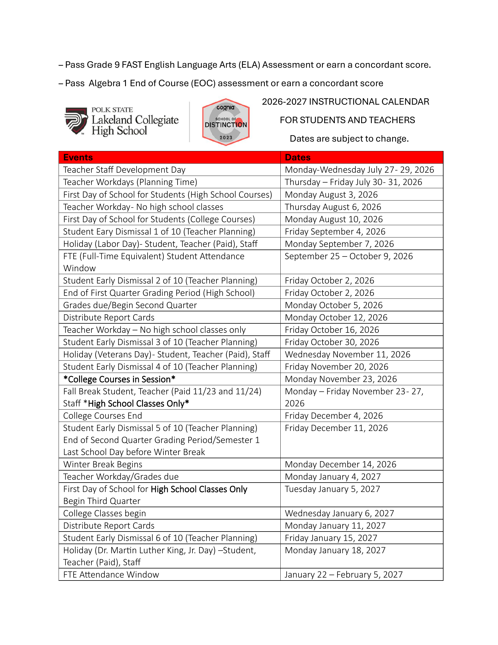2026–2027 Student Calendar Page 1