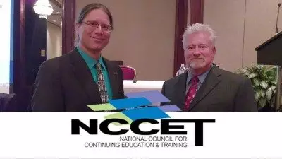 Polk State's Eric Roe (L) and Howard Drake accepted the NCCET's Exemplary Program Award earlier this month. The award recognized ETAM, an innovative training program for manufacturing workers.