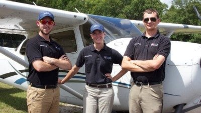 From left, Polk State Aerospace students Aaron Poindevin, Karissa Strickland and Grant Guthrie are participating in drone visibility research the College is conducting in partnership with Turin Aviation Group, Pasco County and Oklahoma State University.