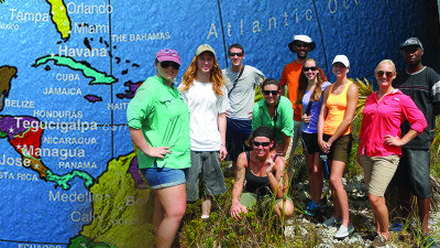 Polk State recently sent its first students on a science field experience to the Bahamian island Andros. From left, students Mary Bibler, Brett Linamen, Joshua Campbell, Beth Ackerly, Jessi Shell, Biology Professor Anthony Cornett, students Amanda Arbuthnot, Michelle Shaffer, Kristiana Heath, and Lyndon, who works at Forfar, the field station where trip participants were based.