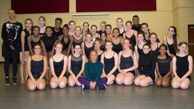 Choreographer and dancer Camille A. Brown, front center, spent Wednesday afternoon giving a master class at Harrison School for the Arts. Mora-Amina Parker, back row far left, a dancer in Brown's company, also participated in a question-and-answer session with the students.