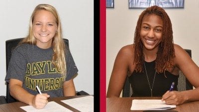 Polk State Chain of Lakes Collegiate High School students Mary Berdis, left, and Maddison Wells recently signed letters of intent with Baylor University and Tulane University respectively.