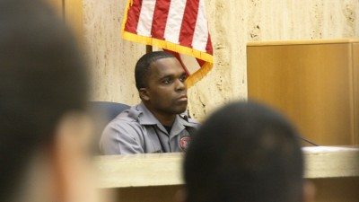 DeAngelo Anthony, a recruit training in Polk State's Kenneth C. Thompson Institute of Public Safety, testifies during a mock courtroom exercise at the Polk County Courthouse.