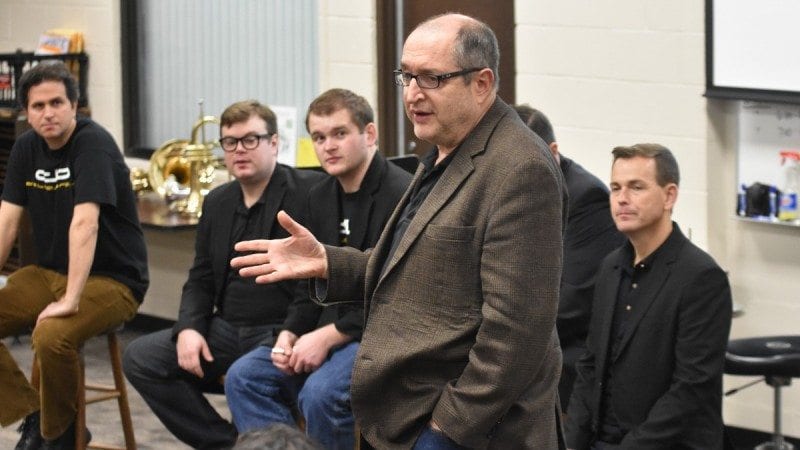 Dallas Brass Michael Levine speaks with Polk State Music students during the ensemble's masterclass on Tuesday.