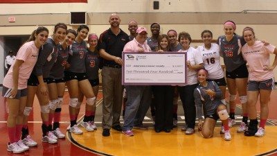 Polk State on Thursday presented $2,400 to Winter Haven Relay for Life. The money was raised by student-athletes and Davenport-based Fellows Trucking Group. Holding the check, from left, are Assistant Athletic Director Tyler Swain, Polk State alumna Donna Fellows, American Cancer Society Community Representative Caellan Curtis, and administrative assistant and Winter Haven Relay for Life executive committee member Melissa LaRock.