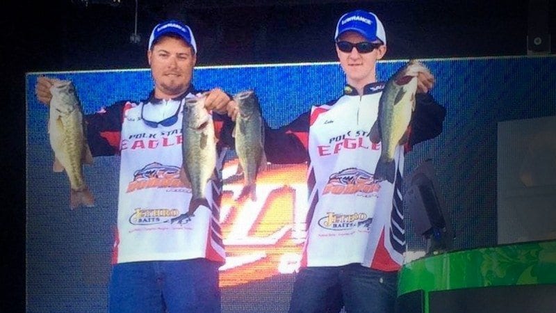 Polk State students Wesley Wise (L) and Luke Ferguson display their catches after the first day of fishing at Lake Chickamauga on Oct. 18.