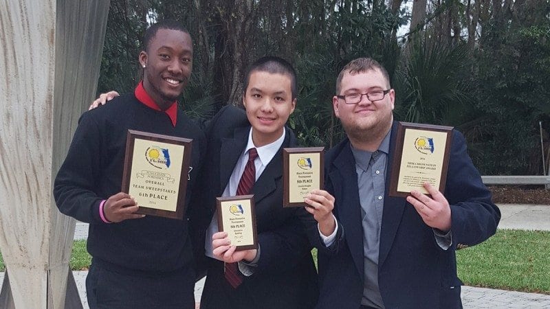 Members of Polk State's Speech and Debate Team recently competed at the FCSAA State Championship. From left, Jawan McClinton, Jinming Chen and Toby Pelland.