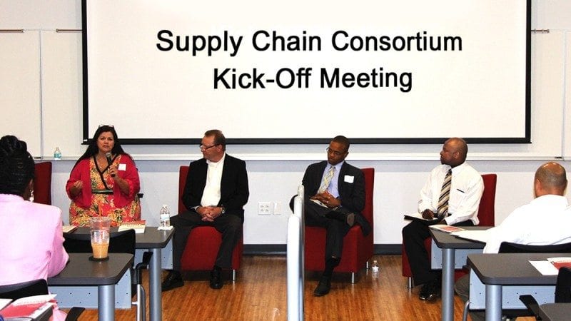 From left, panelists at Friday's Supply Chain Consortium Kickoff Meeting included Carla Morgan, Matt Kane, Torey Chambliss, and Michael Rudolph. The panel discussion was moderated by Winter Haven Economic Development Council Executive Director Bruce Lyon.