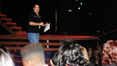 Polk State Speech and Theatre Professor Paul Carbonell welcomes 375 middle- and high-school students to a special performance of "The Fantasticks" on Wednesday at Polk State Winter Haven.