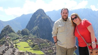 Patrick Phillips and Megan Dennis are pictured shortly after becoming engaged at Machu Picchu.