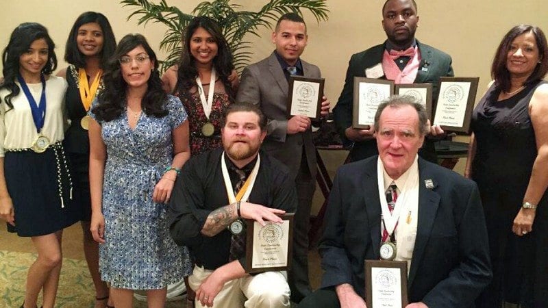 Back row from left, Khushboo Bhatia, Sasha Syboodeen, Diane Thomas, Hector Santa, Jamie Butler, and Phi Beta Lambda adviser- Maggie Morera. Front row from left, Ketsia Mendez, Kyle Cox, Jim Harmon.