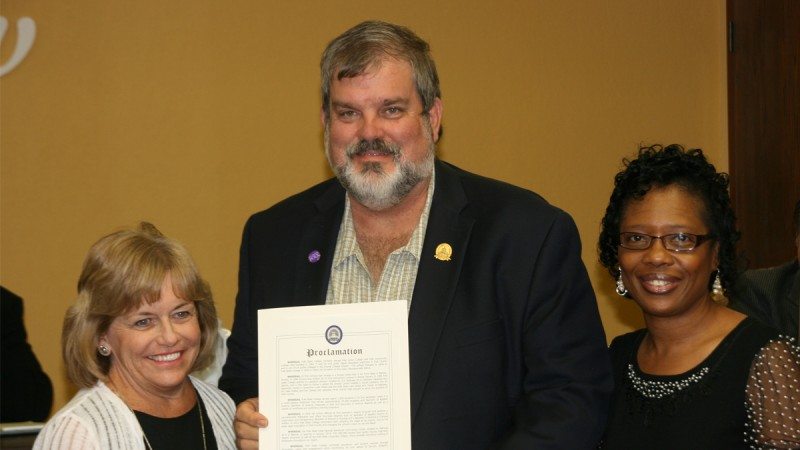 From left, Polk State President Eileen Holden, Bartow Mayor James Clements, and Director of Equity and Diversity Valparisa Baker. Clements presented the College with a proclamation during Monday's City Commission meeting to recognize its 50th anniversary.