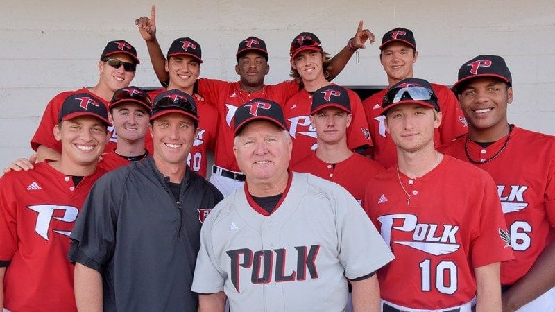 Jim Selph, center, a member of Polk State's first baseball squad, threw the ceremonial first pitch during Saturday's game against Daytona State.