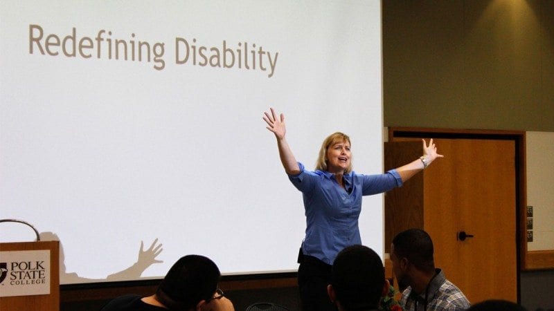 Tiano Tozer spoke to students and employees at Polk State Winter Haven on Tuesday as part of Disability Awareness Month.